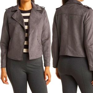 NWT! T Tahari Faux Suede Cropped Moto Jacket, “Carbon” Gray, Medium